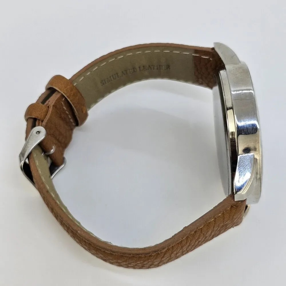 Men's Watch 47MM Blue Dial‎ Brown Faux Leather Bands New Battery